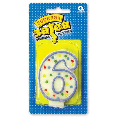 Свеча д/торта цифра  "6" 7,6см/а