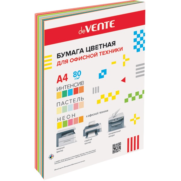 Бумага мix А4 deVente  60л 15цв (5интен,5паст,5неон)75г/м и 80г/м