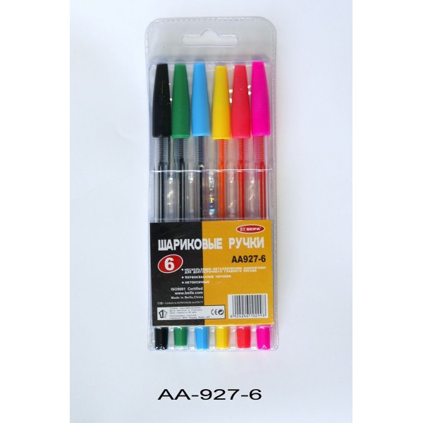 Набор шариковых ручек 6цв.  Beifa прозр.корп,цв.колпачок,1.0мм