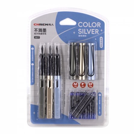 Ручка перьевая + 8 картриджей (6син, 2чёрн), 3шт