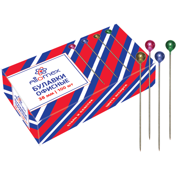Булавки офисн. цвет.кругл.головки 100шт