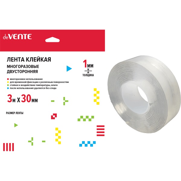 Скотч двусторонний 30мм*3м Nano tape многораз., прозрач.