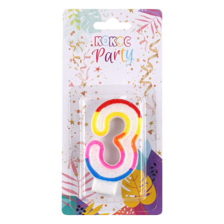 Свеча д/торта цифра Радужная "3"  7см