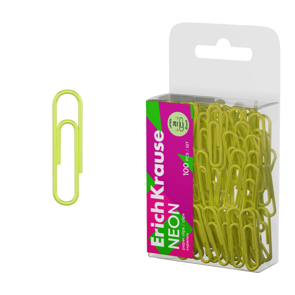 Скрепки канц. 28мм 100шт Neon жёлтый, винил. покрытие АКЦИЯ