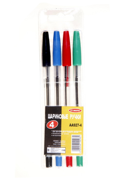 Набор шариковых ручек 4цв. Beifa прозр.корп,цв.колпачок,1.0мм