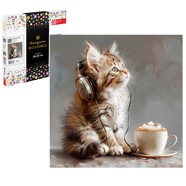 Алмазная мозаика 30*30см Котёнок меломан