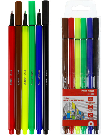 Ручка капиллярная набор  6цв,  d=0,4мм, гексагональный корпус