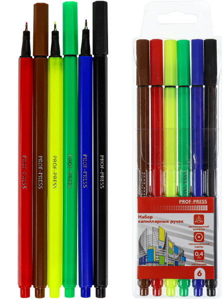 Ручка капиллярная набор  6цв,  d=0,4мм, гексагональный корпус