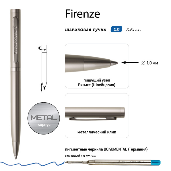 Ручка подар пов. мех. Firenze 1,0мм синяя (метал. корп шампань)