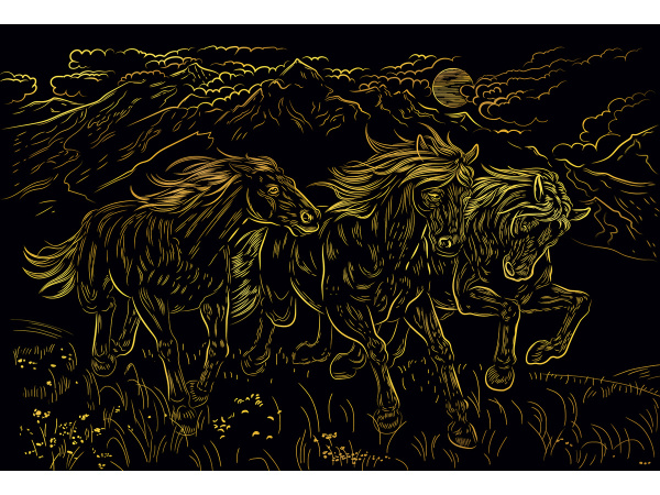 Гравюра А4 Резвые лошади (Золото) в пакете с ручкой.