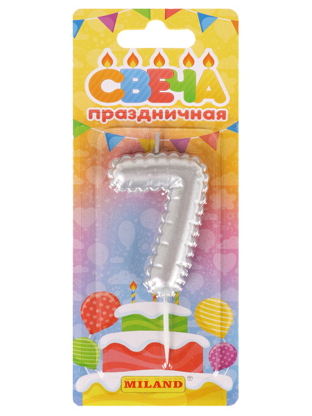 Свеча д/торта "Воздушный шарик", серебряная. Цифра "7"