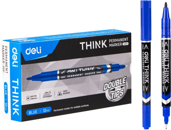 Маркер  двухсторонний синий перманeнтный Think круглый 0,5-1мм
