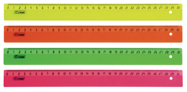 Линейка пластик 30см флуоресцентная 4цв. шелкография, непрозр^