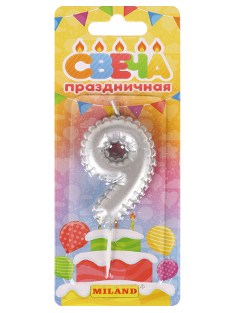 Свеча д/торта "Воздушный шарик", серебряная. Цифра "9"
