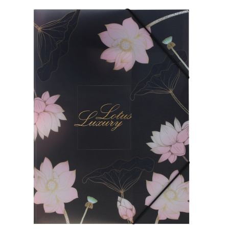 Папка на резинке А4 Цветок лотоса на чёрном, искрящ.фактура, фоль