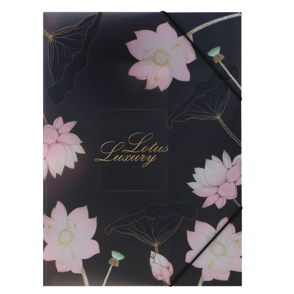 Папка на резинке А4 Цветок лотоса на чёрном, искрящ.фактура, фоль