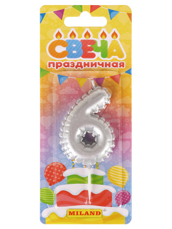 Свеча д/торта "Воздушный шарик", серебряная. Цифра "6"