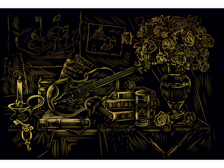 Гравюра А4 Красивый натюрморт (Золото) в пакете с ручкой.