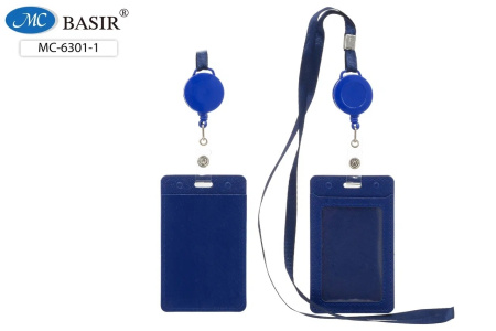 Бейдж 105*65мм с рулеткой и шнуром, синий кожзам 2 карман