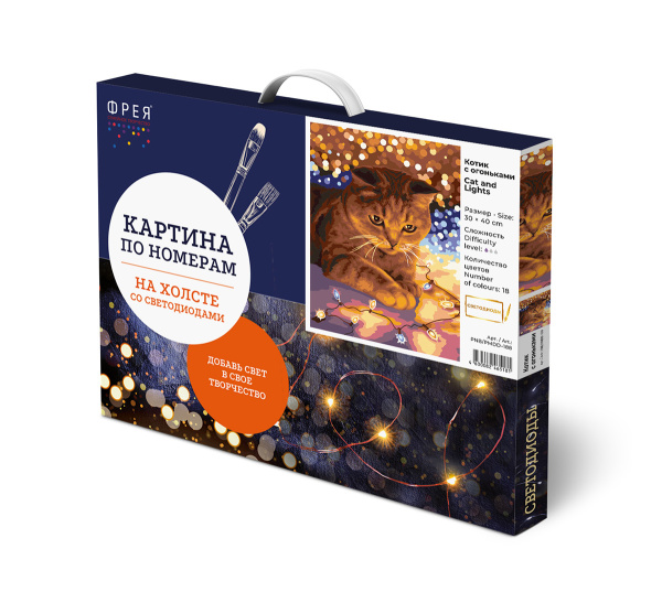 Картина по номерам 30*40 см Котик с огоньками, со светодиодами